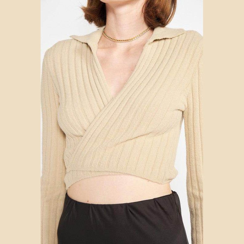 Emory Park Women's Cropped Top in Beige Ribbed Knit with Orange Collared Top Fashion