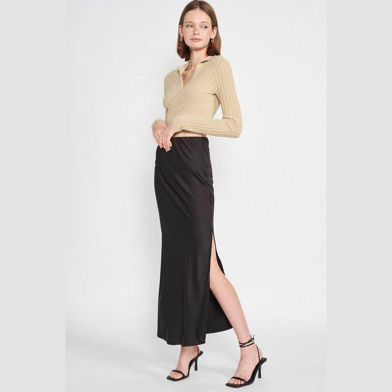 Emory Park orange collared top fashion paired with a black satin skirt for a chic look