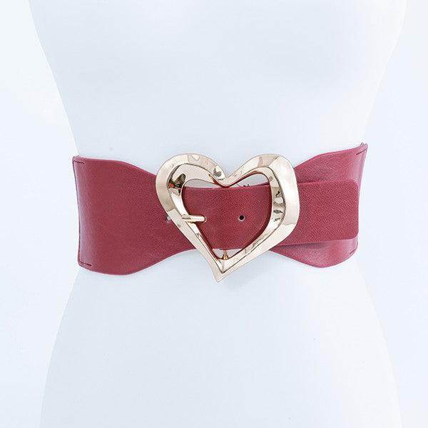 Stylish red fashion belt for women featuring a gold heart-shaped buckle for trendy outfits