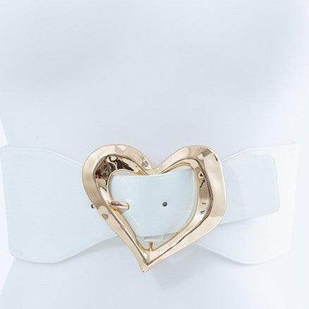 White fashion belt for women with a heart-shaped gold buckle for stylish outfits