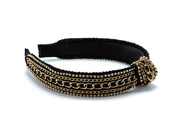 Bella Chic black and gold fashion headband with decorative chains and bead detailing