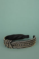 Bella Chic black and gold fashion headband with chain and bead detailing on black fabric base