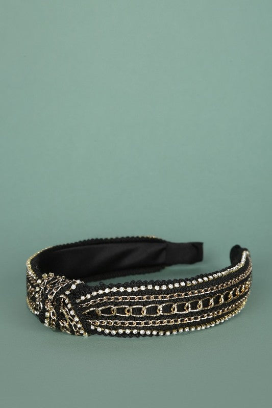 Bella Chic black and gold fashion headband with chain and bead detailing on black fabric base