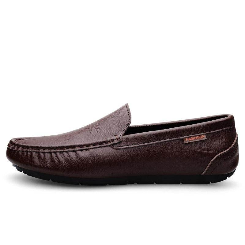 Brown leather breathable mens moccasins with comfortable slip-on design for casual wear