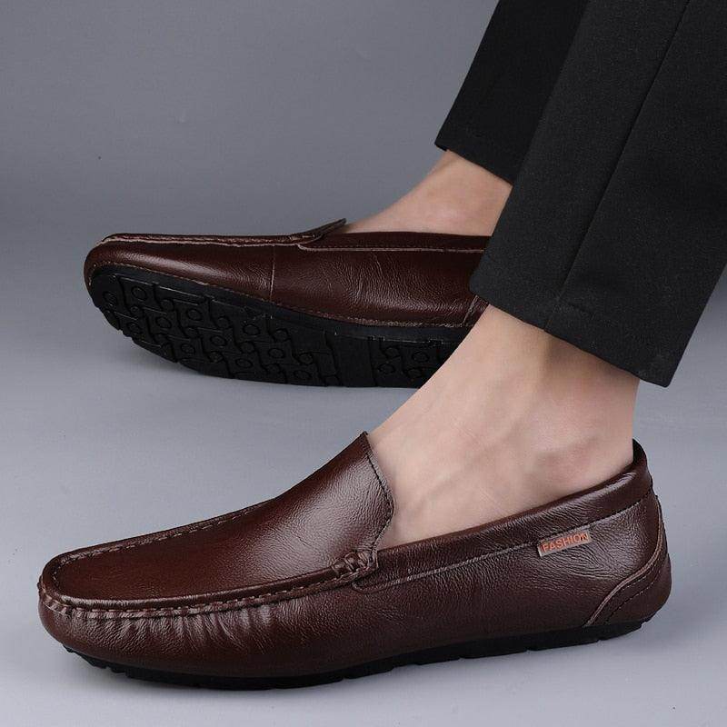 Brown breathable mens moccasins with a sleek design for casual and comfortable wear