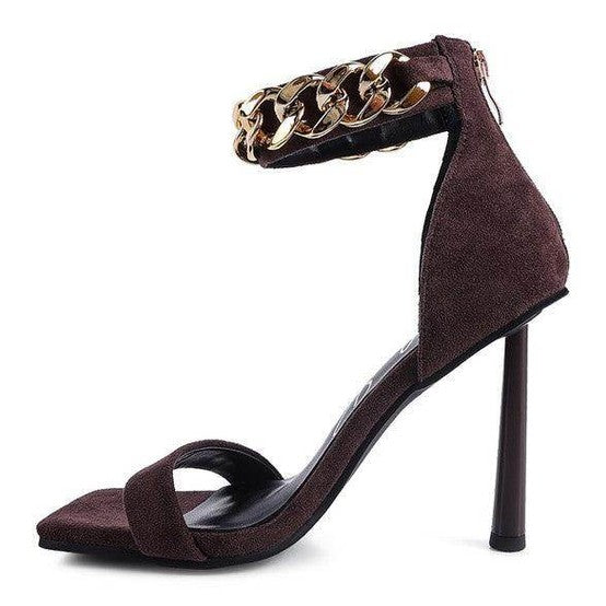 Rag Company Women’s fashion chain strap heels in brown suede with a sleek high heel design