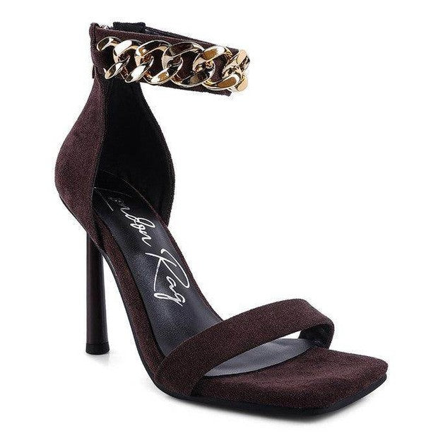 Rag Company fashion chain strap heels in dark brown with sleek design and stylish ankle strap