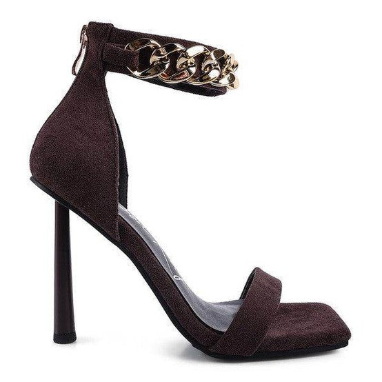 Rag Company Women's Fashion Chain Strap Heels in Dark Brown with Stylish High Stiletto Block Heel