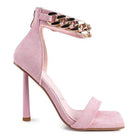 Pink fashion chain strap heels with high stiletto and suede finish for stylish women's footwear