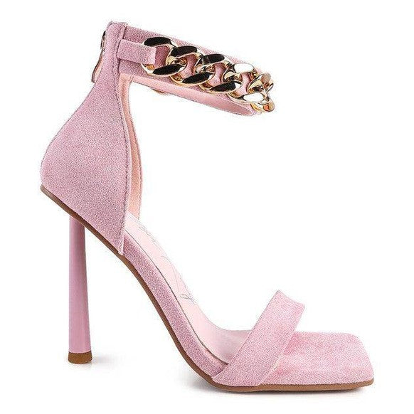 Pink fashion chain strap heels with high stiletto and suede finish for stylish women's footwear