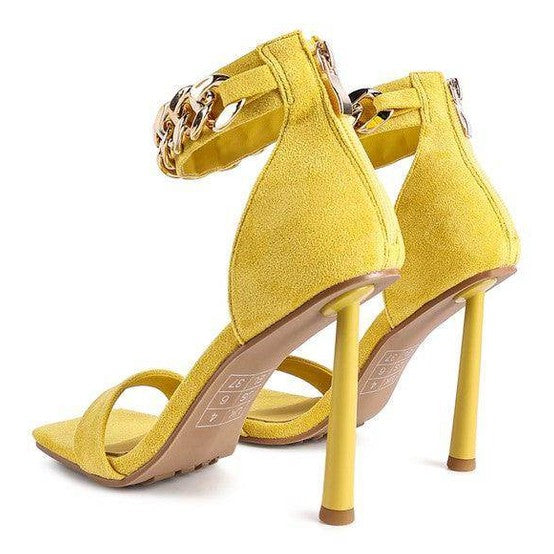 Stylish yellow fashion chain strap heels with adjustable ankle strap and elegant pointed toe design