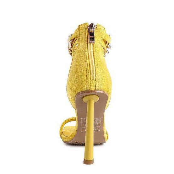 Rag Company yellow fashion chain strap heels with an elegant back zipper design