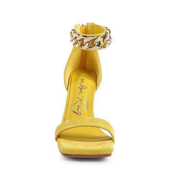 Rag Company fashion chain strap heels in bright yellow with elegant ankle strap for stylish looks