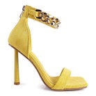 Rag Company fashion chain strap heels in vibrant yellow with a stylish ankle strap and stiletto heel