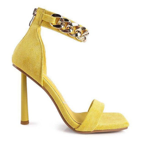Rag Company fashion chain strap heels in vibrant yellow with a stylish ankle strap and stiletto heel