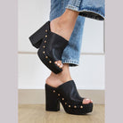 Maker's Shoes black platform fashion heels for vacation outfits with studded details and chunky block heels