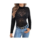Miss Sparkling leopard print mesh top long sleeve sheer black fitted top styled with jeans