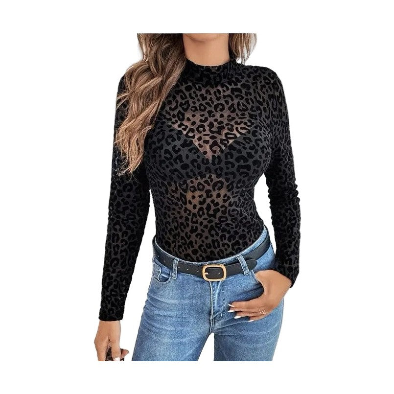 Miss Sparkling leopard print mesh top long sleeve sheer black fitted top styled with jeans