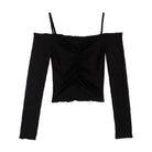 Black off shoulder crop top for women with long sleeves and ruched front design