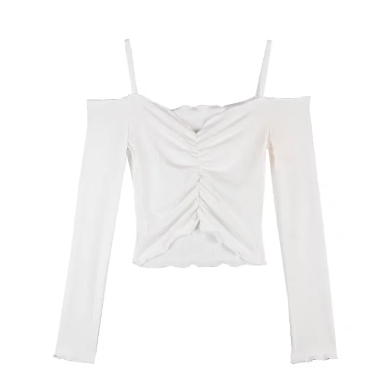 White off shoulder crop top for women with long sleeves and ruched front detail