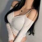 White off shoulder crop top for women with ruched front and long sleeves by VacationGrabs