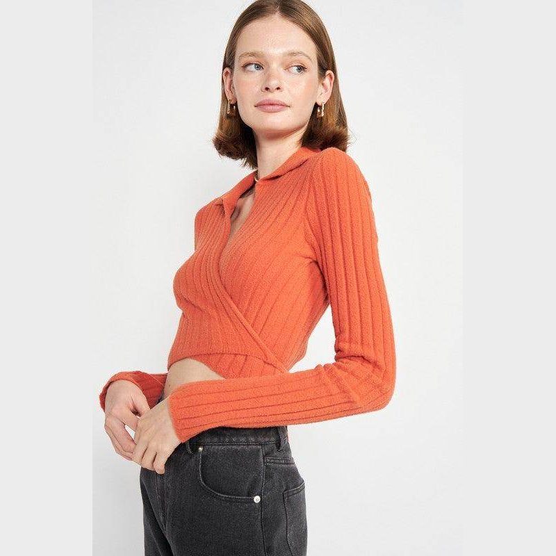Emory Park orange collared top fashion with ribbed texture and stylish wrap design
