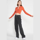 Emory Park orange collared top fashion with ribbed design and cropped fit, styled with black wide-leg jeans
