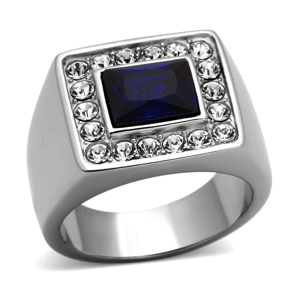 Stylish men's fashion rings for vacation featuring a blue stone and sparkling rhinestones
