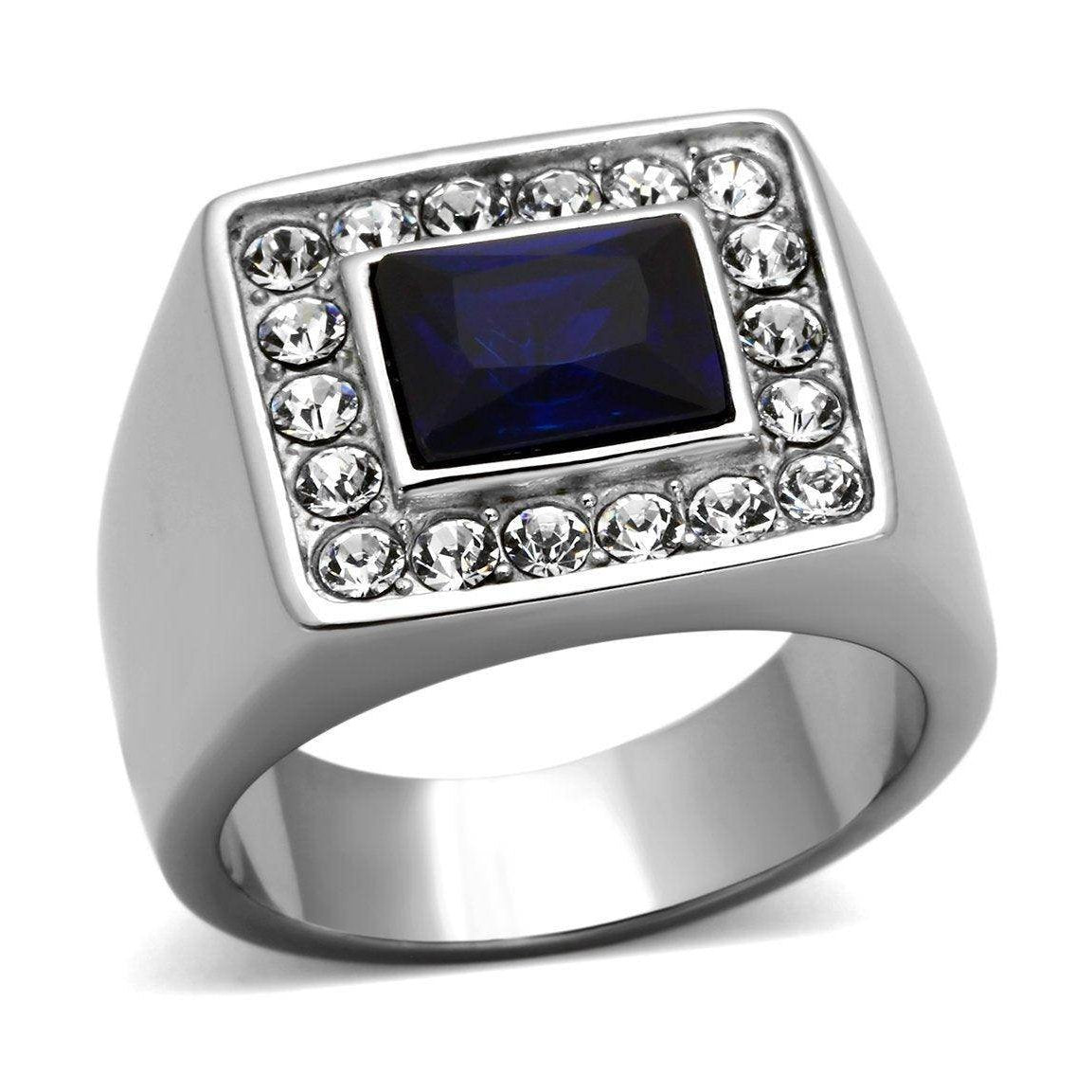 Stylish men's fashion rings for vacation featuring a blue stone and sparkling rhinestones