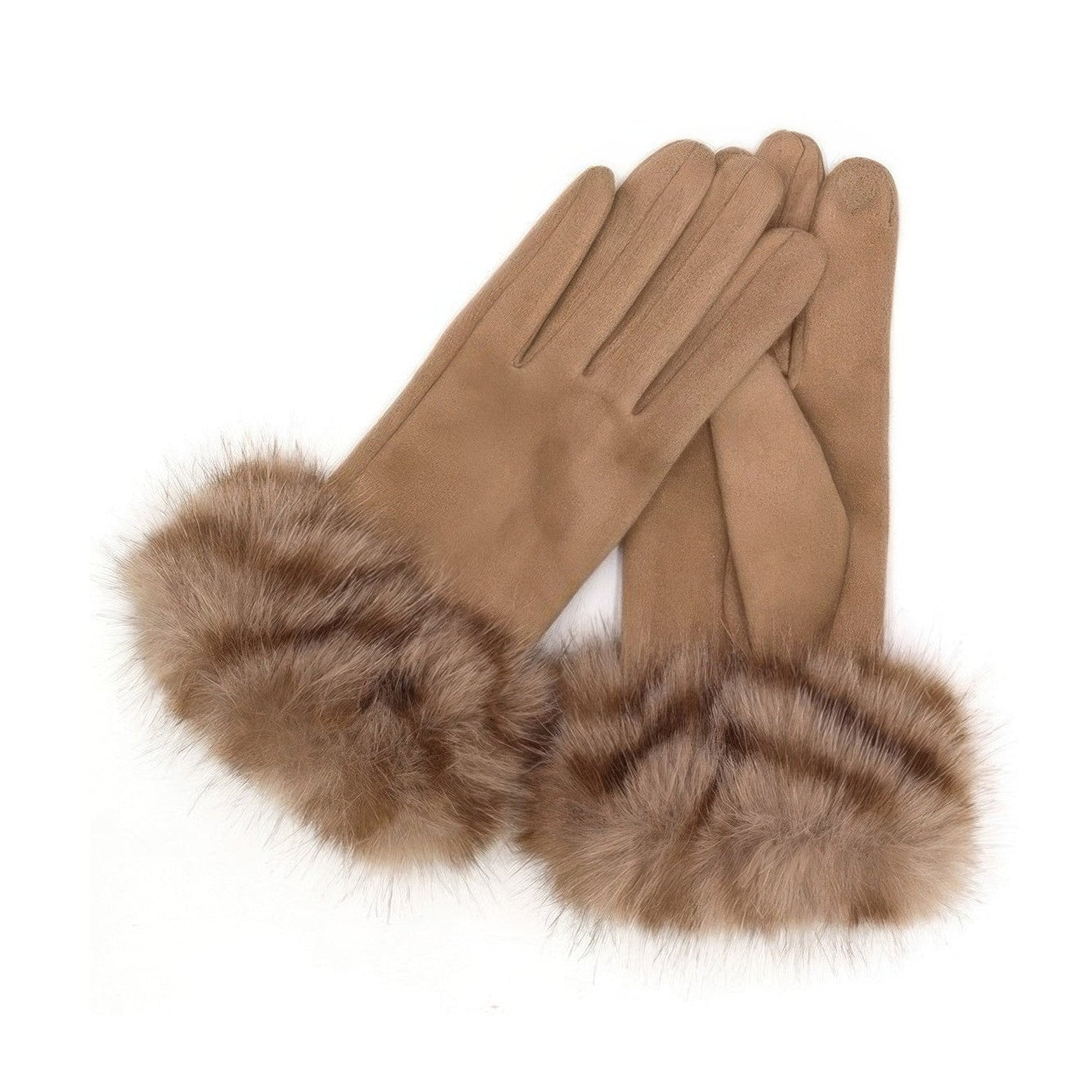 VacationGrabs tan suede gloves with plush fur cuffs stylish smart touch winter gloves for women warm touchscreen friendly