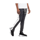 Men's fashion track pants in black and white pinstripes for a stylish vacation style