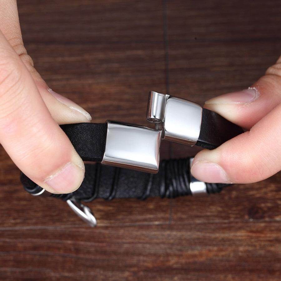 Stylish black leather fashion wristbands for men with sleek metal accents and adjustable closure