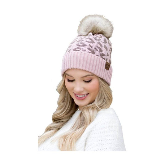 Stylish Aili's Corner fashionable animal print beanie with fur pom-pom for winter fashion