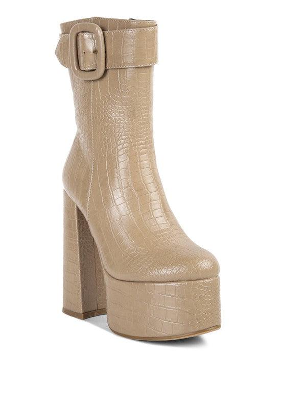 Rag Company fashionable vacation boots in beige crocodile texture with chunky heel and ankle strap