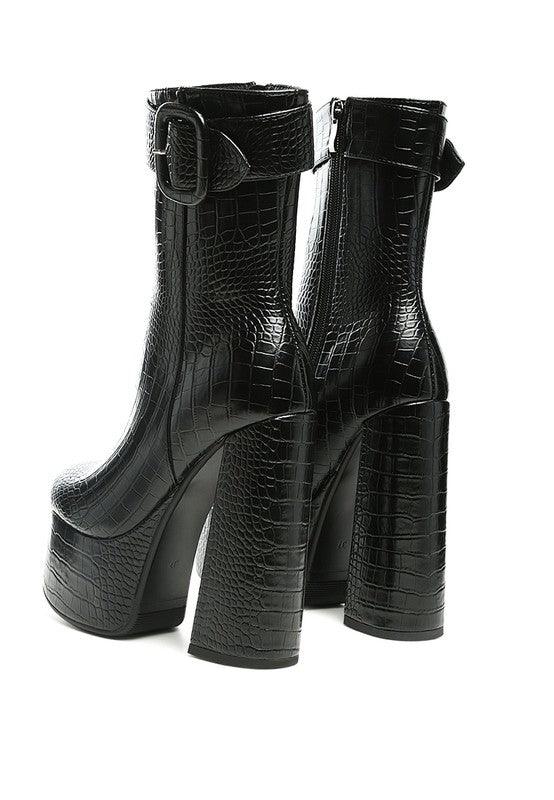 Rag Company Black Crocodile Pattern Fashionable Vacation Boots with High Heels and Side Zipper