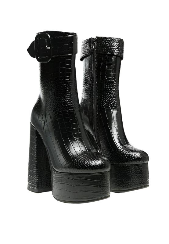 Rag Company fashionable vacation boots in shiny black with chunky heel and ankle buckle detail