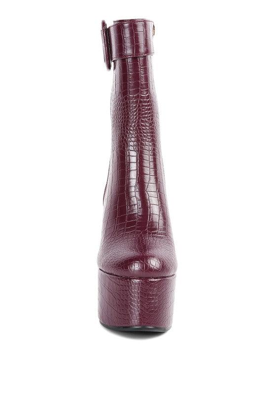 Rag Company fashionable vacation boots in burgundy with a stylish crocodile texture and high heel