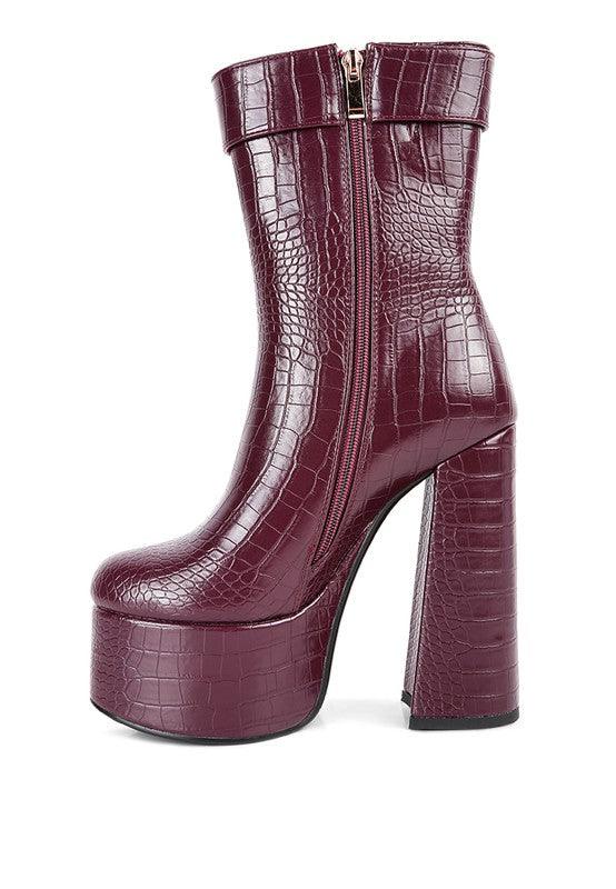 Rag Company Stylish Burgundy Crocodile Pattern Fashionable Vacation Boots with Chunky Heels