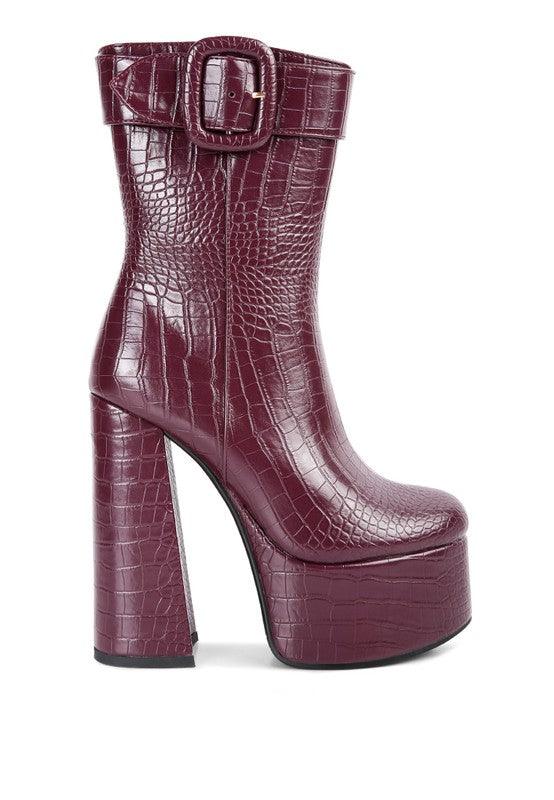 Rag Company stylish burgundy fashionable vacation boots with a crocodile texture and high heel