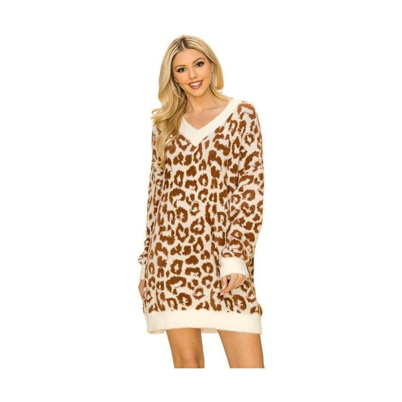 Andante USA Women's Fashionable Vacation Sweater in Beige with Brown Leopard Print Design