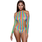 BE WICKED model wearing rainbow cutout bodysuit sheer striped mesh with long sleeves shoulder cutouts and high leg