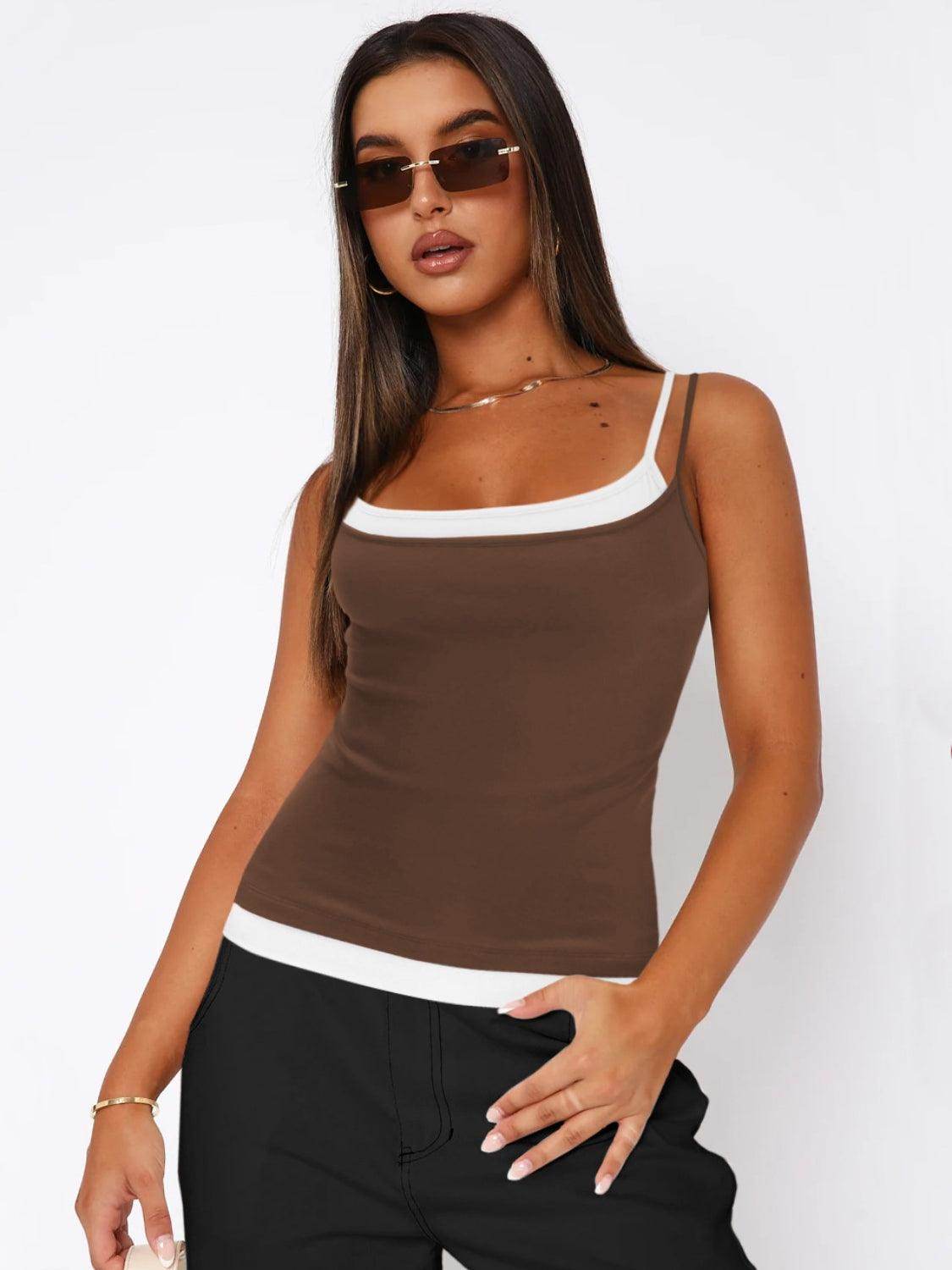Faux Layered Square Neck Cropped Cami - VacationGrabs