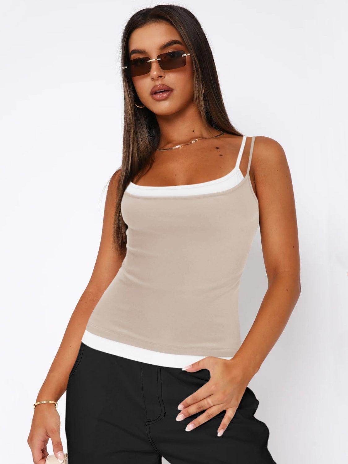 Faux Layered Square Neck Cropped Cami - VacationGrabs