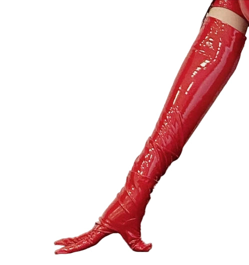 Shiny red thigh-high faux leather clubwear dress gloves with pointed fingers for a bold fashion statement