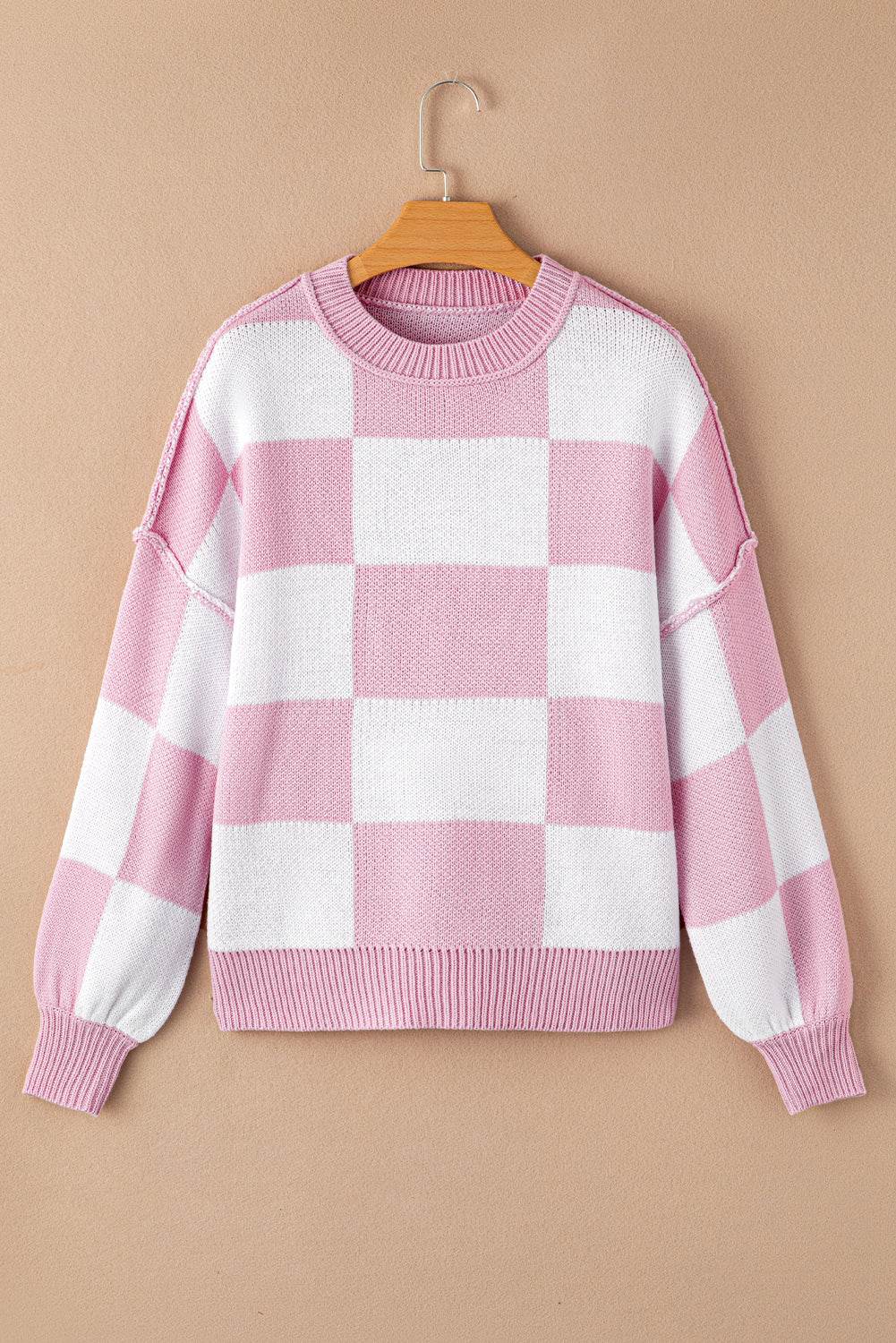 Pink Checkered Bishop Sleeve Sweater - VacationGrabs