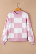 Pink Checkered Bishop Sleeve Sweater - VacationGrabs
