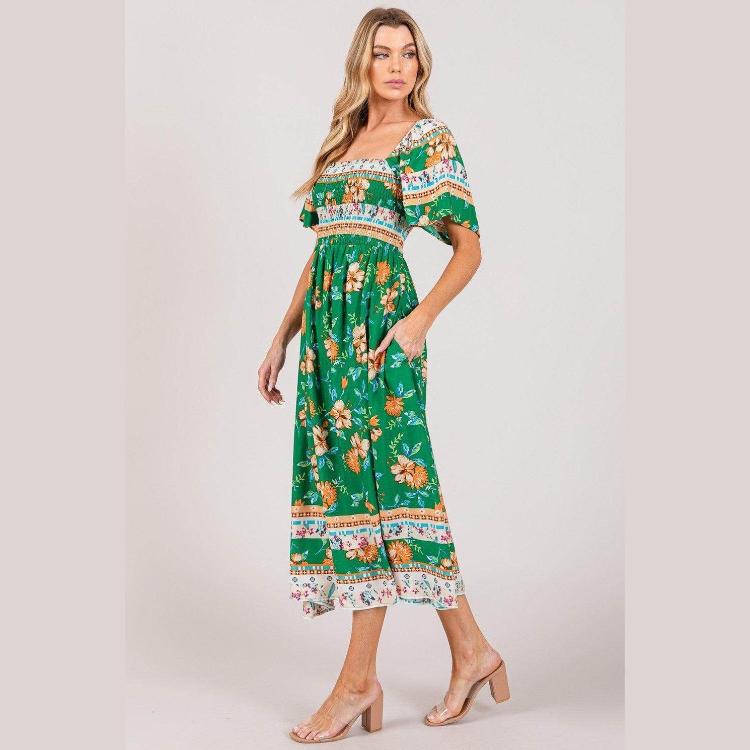SAGE + FIG Printed Smocked Short Sleeve Midi Dress - VacationGrabs