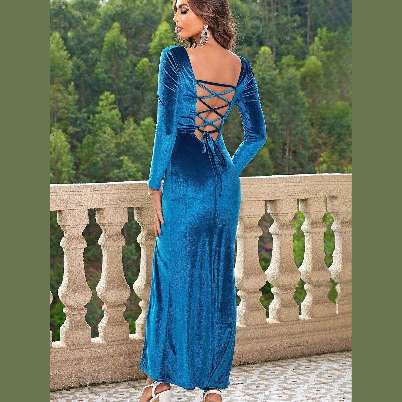 Tie Back Long Sleeve Slit Dress - VacationGrabs