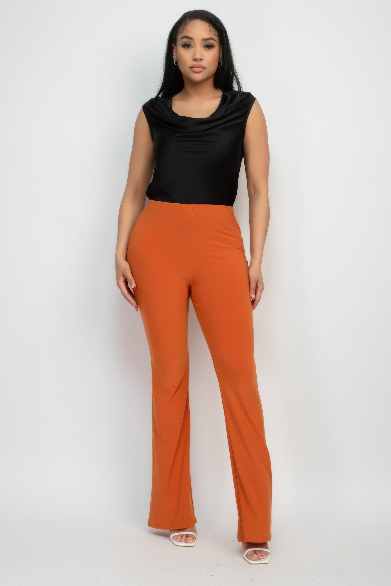 VacationGrabs women's fit and flare casual pants in burnt orange with high waist design