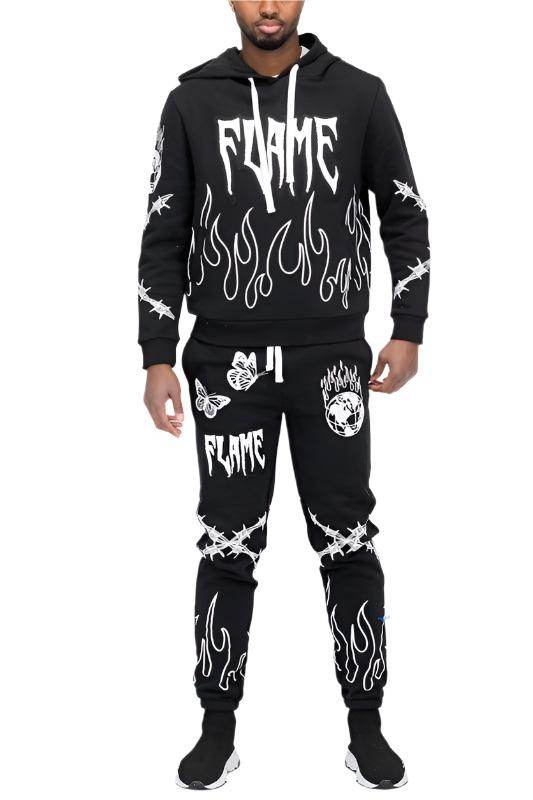 Flame Fire Chenille Hoodie Sweat Set - VacationGrabs